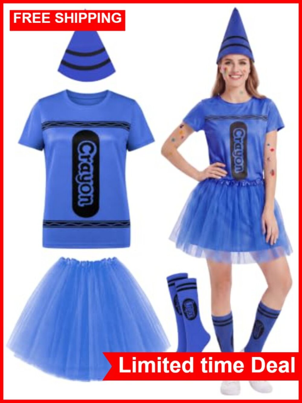 Halloween Crayon Costume Set Women Top Tutu Skirt Headband Socks Stickers